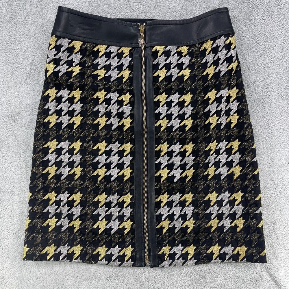 J McLaughlin Keanna Skirt Womens 2 Gold Silver Rustic Embroidered Houndstooth